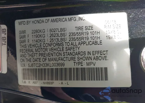 2019 Acura Rdx Standard z USA, uszkodzony, nr VIN 5J8TC2H33KL003699